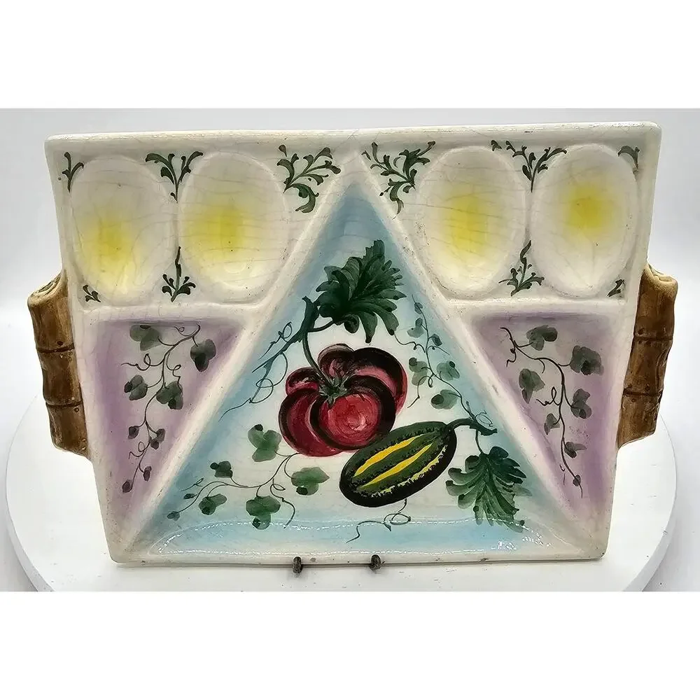 Vintage Italy Hand Painted Vegetable Egg Crudites Platter Serving Dish